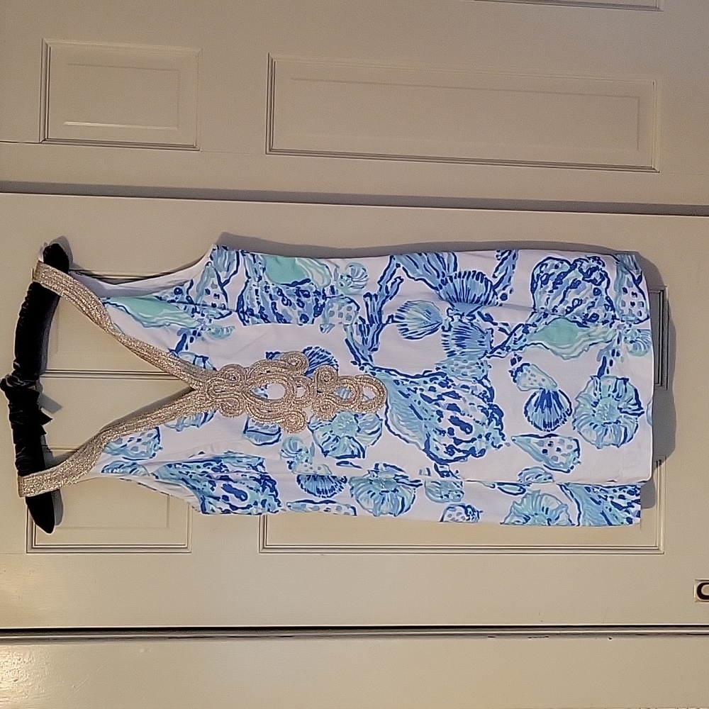 Lilly pulitzer seashell shift dress size 10 with gold trim